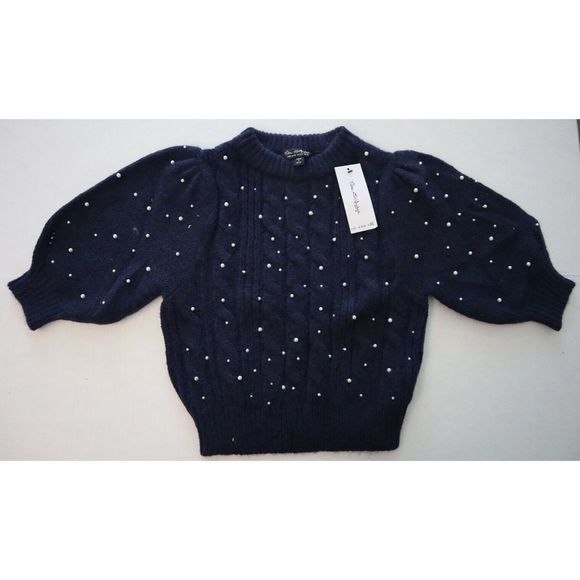 Miss Selfridge Women's Sz 0-2 Navy Short Sleeve Faux Pearl Cable Sweater - Picture 1 of 8